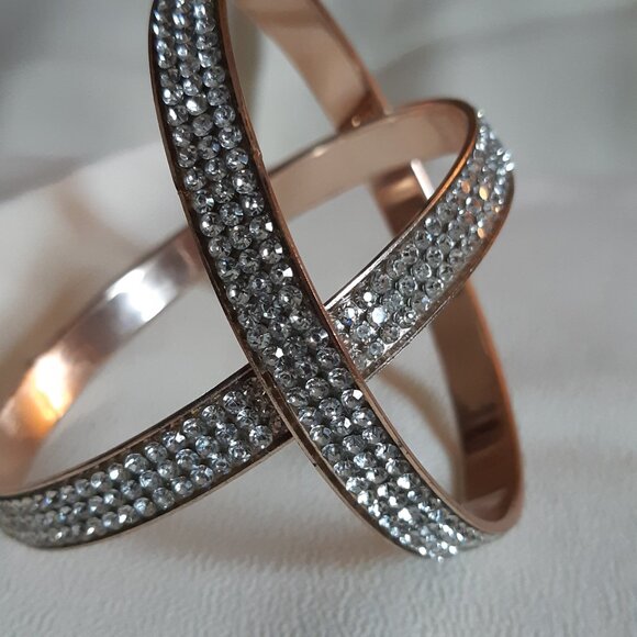 2 Gold Tone Metal Bangle Bracelets, 3 Rows of Rhinestones - Picture 6 of 10